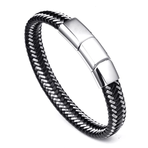 Braided black leather and steel bracelet for men with silver three-stage adjustable clasp