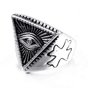 Vintage stainless steel Eye of Providence ring with silver finish and antique relief detail