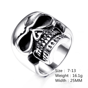 Macro detail of gothic skull ring in stainless steel with black oxidation accents