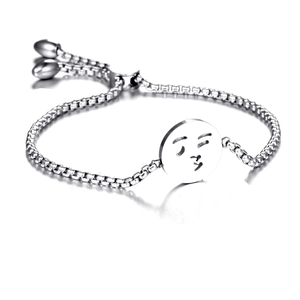 Adjustable stainless steel box chain bracelet with cute wink emoji charm and silver finish