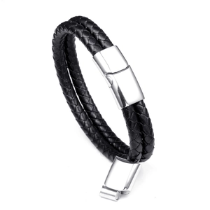 Double-layered black braided leather bracelet featuring a polished magnetic steel clasp