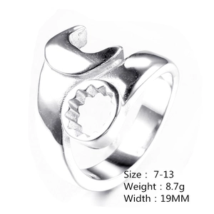 Macro shot of silver wrench-style stainless steel ring showing dimensions and weight