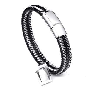 Men's punk braided stainless steel wire and black leather bracelet with magnetic clasp