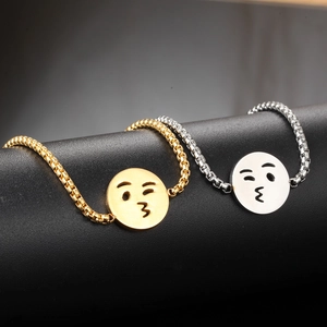 Adjustable stainless steel chain bracelets with gold and silver emoji charm pendants
