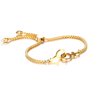 Gold titanium steel adjustable bracelet featuring interlocking female gender symbols
