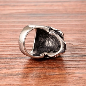 Macro detail of silver skull ring showing retro punk hollow interior and aged texture