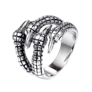 Retro punk titanium steel dragon claw ring for men featuring silver scale textures