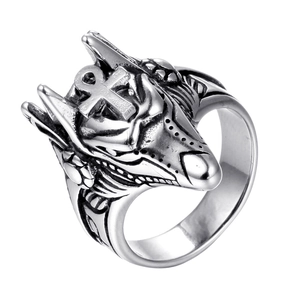 Vintage stainless steel Anubis jackal ring with Ankh symbol and blackened finish