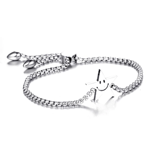 Adjustable silver stainless steel box chain bracelet with engraved star smiley face charm