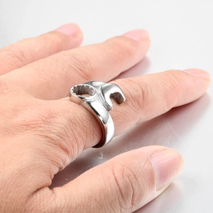 Macro shot of silver wrench ring featuring industrial mechanical wrench tool details