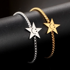 Adjustable smiley face star bracelets in gold and silver finish with box chains