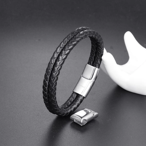 Detail of double-layer braided leather bracelet with stainless steel magnetic clasp