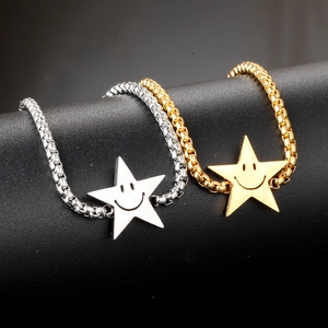 Adjustable star smile face bracelets in gold and silver finish with box chain link