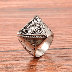 Vintage stainless steel signet ring featuring the Eye of Providence in a triangle