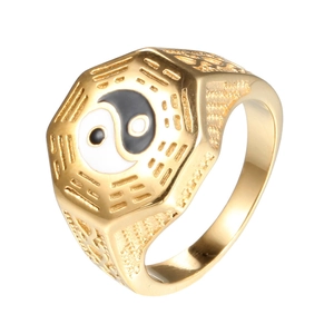 Bague Bagua Yin Yang en acier doré avec design octogonal taoïste traditionnel