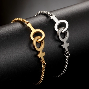Titanium steel bracelet with linked female Venus symbols in gold and silver finish