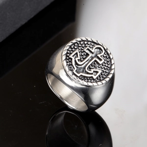 Men's vintage stainless steel anchor signet ring with nautical rope texture design