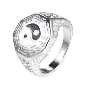 Bague octogonale en acier inoxydable avec symbole yin yang et gravures bagua argent