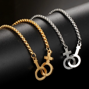 Interlocked gender symbol pendants in gold and silver finish with fine box chain