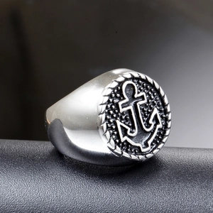 Men's vintage anchor signet ring in stainless steel with nautical rope texture