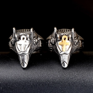 Gothic wolf head stainless steel rings with Ankh symbol in silver and gold tone finishes