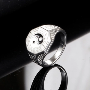 Bague vintage en acier avec Yin Yang Tai Chi, face octogonale Bagua et texture tressée