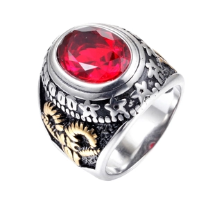 Retro titanium steel ram head ring with oval red gemstone and star carvings