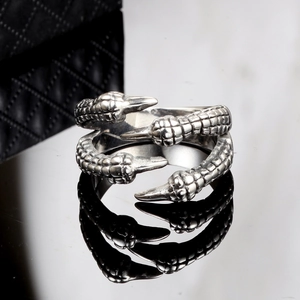 Men's punk rock dragon claw ring in stainless steel with detailed scale texture