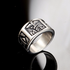 Bague médicale MD vintage en acier inoxydable pour médecins avec finition argent antique