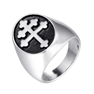 Detailed view of punk style stainless steel signet ring with black cross relief