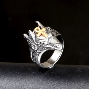 Ancient Egyptian Anubis stainless steel ring with golden Ankh symbol for men