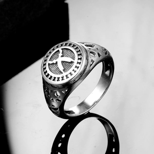 Vintage silver stainless steel ring for men with shield totem and hollow geometric design