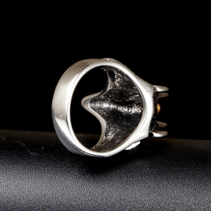 Vintage stainless steel cross ring with textured rock finish and golden dot detail