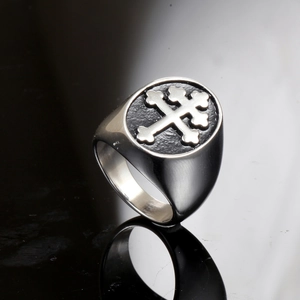 Punk style stainless steel signet ring for men featuring a black cross relief emblem