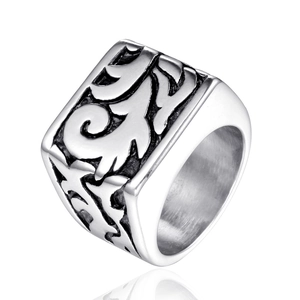 Vintage Punk Stainless Steel Signet Ring For Men Retro Floral Relief Embossed Distressed Biker Gothic Finger Ring Jewelry