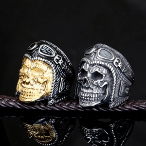 Vintage stainless steel skull aviator ring for men with helmet and goggles detail
