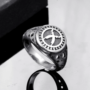 Mens stainless steel signet ring with Zulfikar sword relief and cutout band