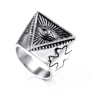 Vintage stainless steel eye of providence ring with triangle relief and silver finish