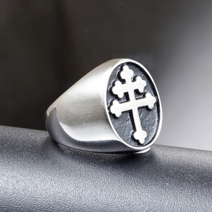 Punk style stainless steel signet ring with vintage black oil Caravaca cross for men