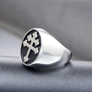 Punk style stainless steel men's ring with silver orthodox cross on black oval face