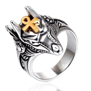 Vintage Egyptian Anubis Wolf Head Ring Men Titanium Steel Punk Gothic Ankh Cross Signet Ring Retro Enamel Jewelry Gift