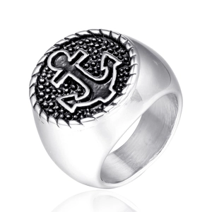 Men's Vintage Anchor Signet Ring Titanium Stainless Steel Nautical Punk Rock Biker Jewelry Silver Black Toned Band
