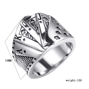 Retro stainless steel poker ring with engraved royal flush pattern, 19mm wide band for men