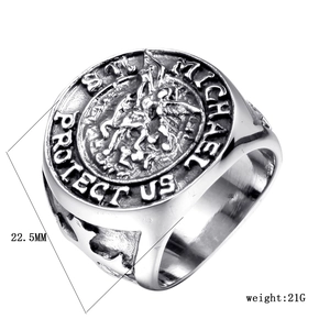 Macro view of St. Michael vintage stainless steel ring with 22.5mm diameter details