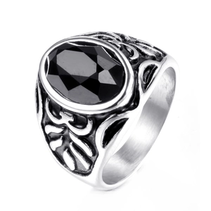 Vintage stainless steel ring for men with oval black agate gemstone and engraved details