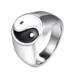 Men's silver stainless steel ring with black and white yin yang tai chi sign design