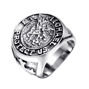 Men's vintage stainless steel St. Michael protect us signet ring with dragon engraving