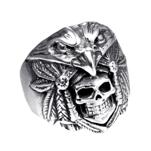 Retro gothic men's stainless steel ring featuring detailed eagle head and skull design