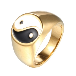 Golden stainless steel signet ring featuring a polished Yin Yang Tai Chi enamel emblem