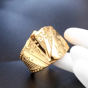 Gold stainless steel men's ring with royal flush poker design on a white hand model